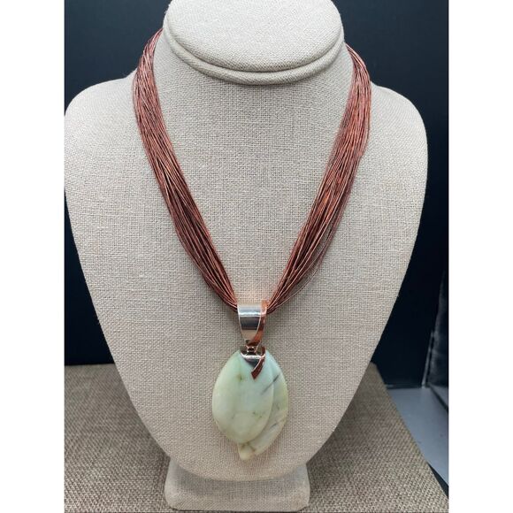Artisan Green Stone Leaf Pendant Necklace on Copper Multi-Strand Chain - Picture 10 of 10